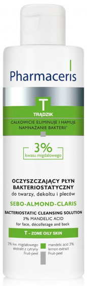 Pharmaceris T Sebo-Almond-Claris Bacteriostatic Cleansing Solution - Бактериостатическая жидкость для лица, области декольте и спины с 3% миндальной кислотой