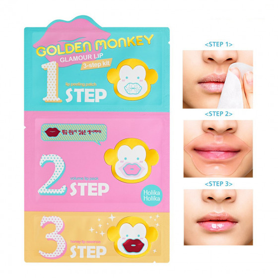 Holika Holika Golden Monkey Glamour Lip 3-Step Kit - 3-х ступенчатый набор средств для ухода за губами - 4