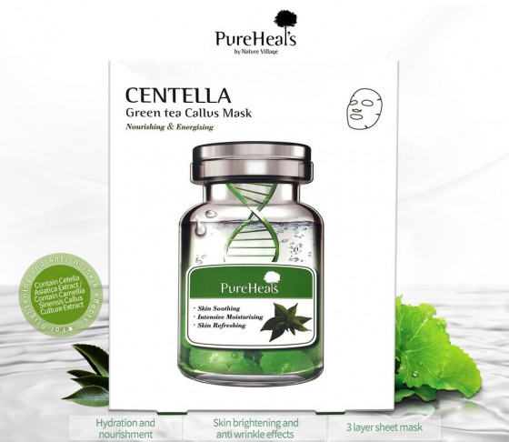 PureHeal's Centella Green Tea Callus Mask - Восстанавливающая тканевая маска с экстрактами центеллы и зеленого чая - 1